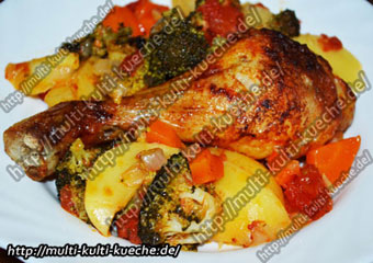 Hähnchenschenkel mit Gemüse aus dem Backofen